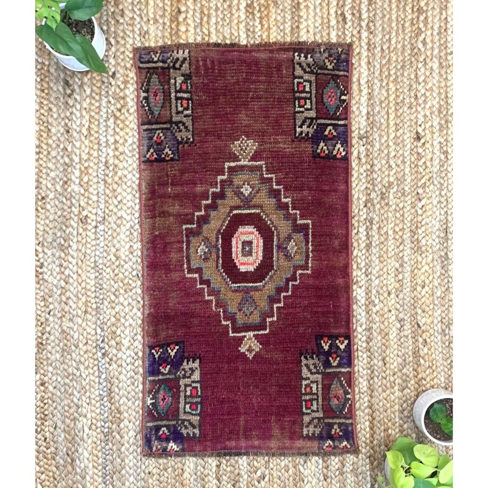 Vintage Small Boho Turkish Wool 2x3 Rug Burgundy